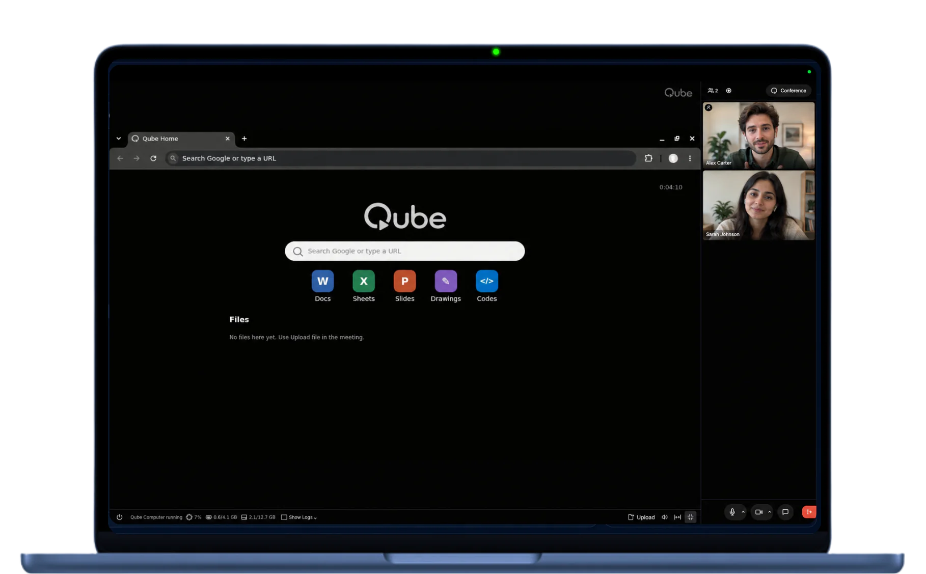 Qube browser workspace with shared documents, spreadsheets, slides, drawing and code tools alongside a video meeting